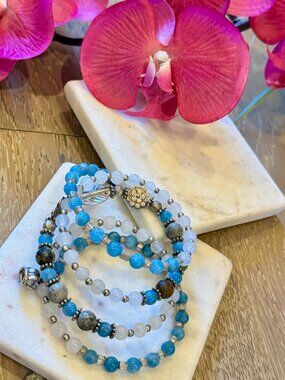 Aquamarine Agate Gemstone Coil Bracelet, Boho Stretch Jewelry